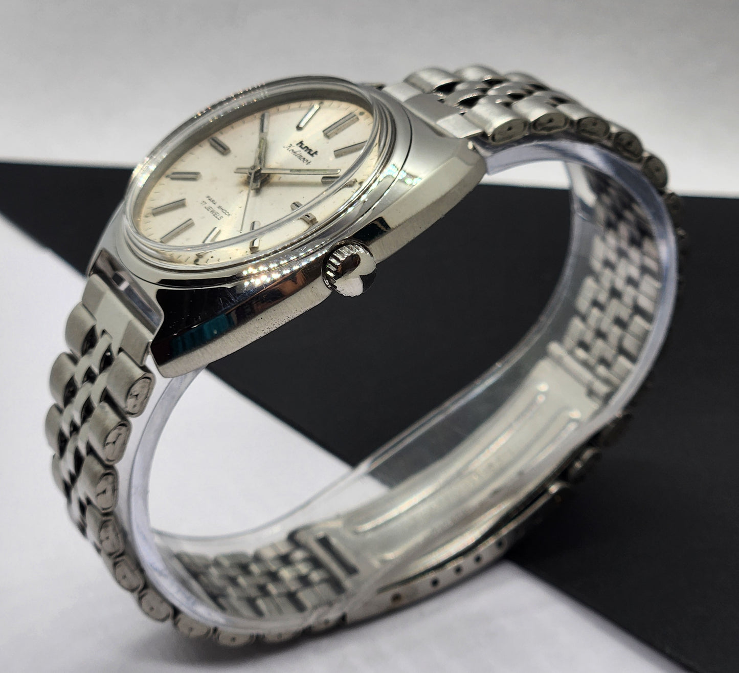 Vintage Original HMT Kohinoor Hand Winding 17 Jewels White Face Silver Bracelet Men's Wrist Watch F17