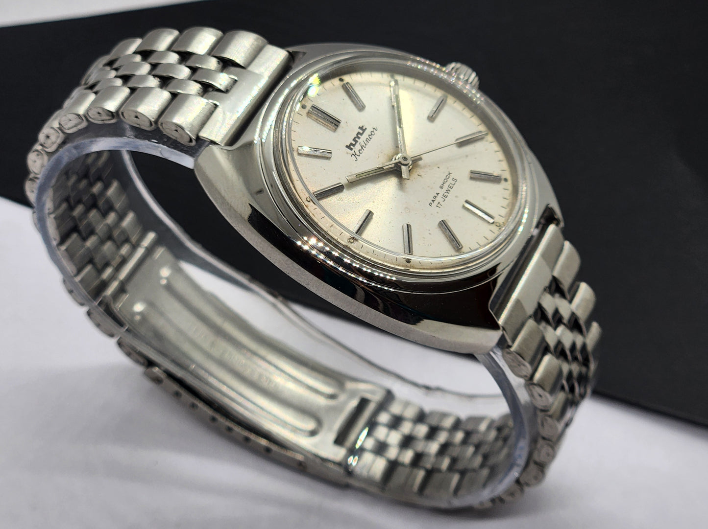 Vintage Original HMT Kohinoor Hand Winding 17 Jewels White Face Silver Bracelet Men's Wrist Watch F17