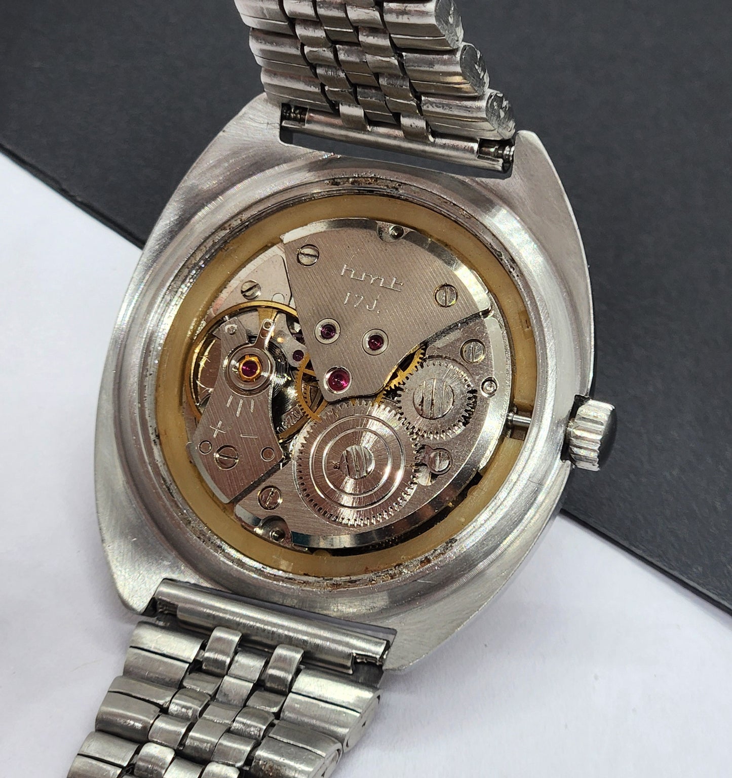Vintage Original HMT Kohinoor Hand Winding 17 Jewels White Face Silver Bracelet Men's Wrist Watch F17