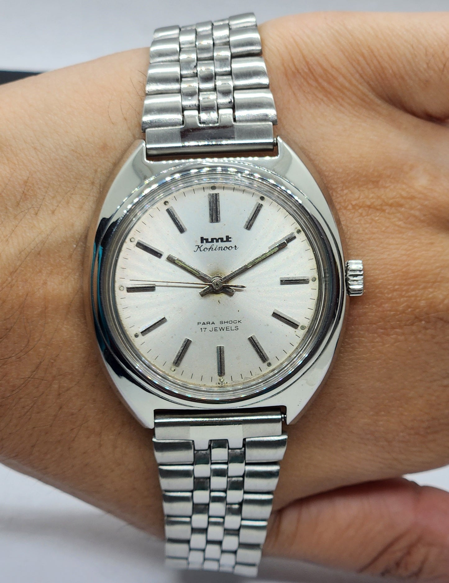 Vintage Original HMT Kohinoor Hand Winding 17 Jewels White Face Silver Bracelet Men's Wrist Watch F17