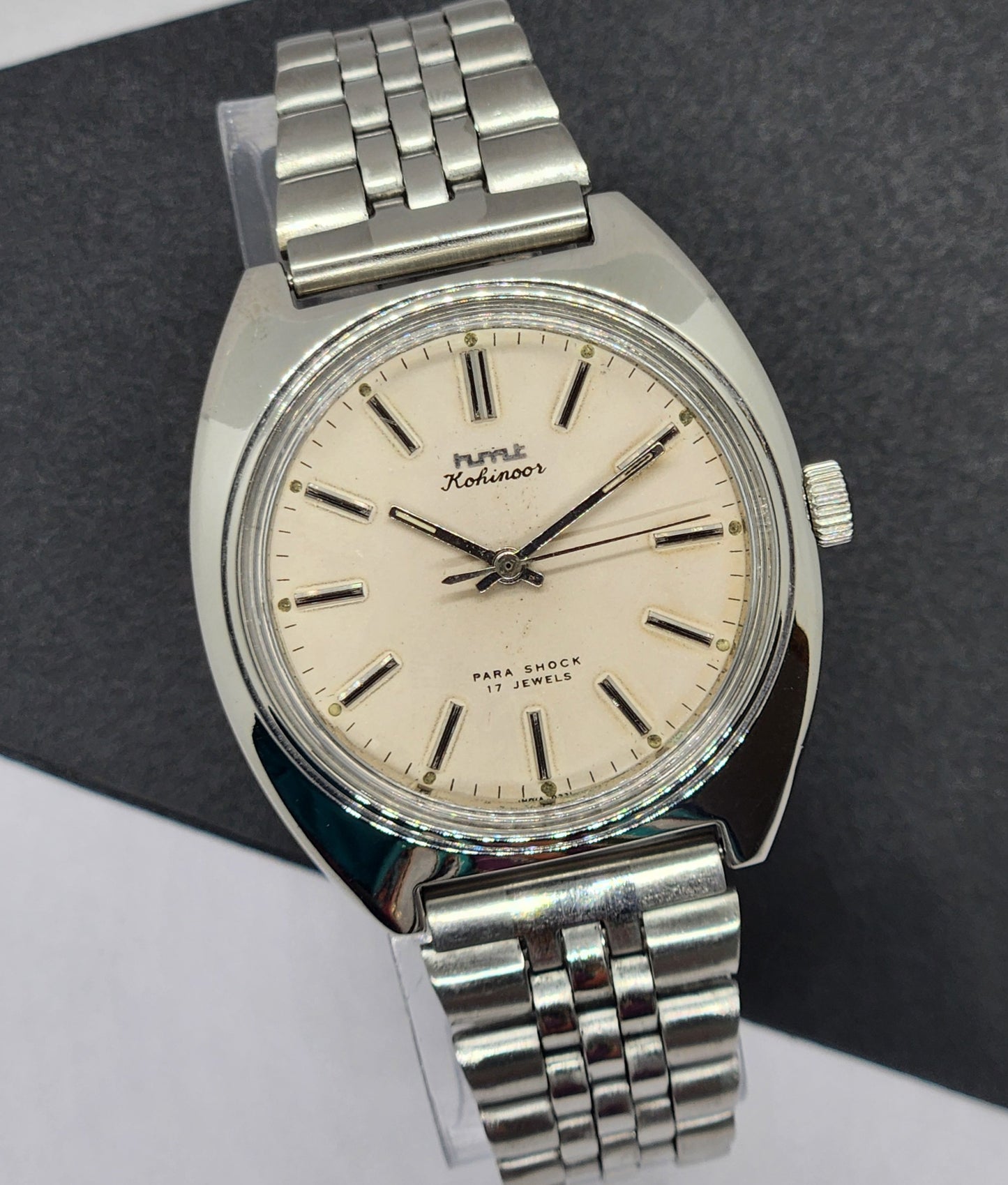 Vintage Original HMT Kohinoor Hand Winding 17 Jewels White Face Silver Bracelet Men's Wrist Watch F18