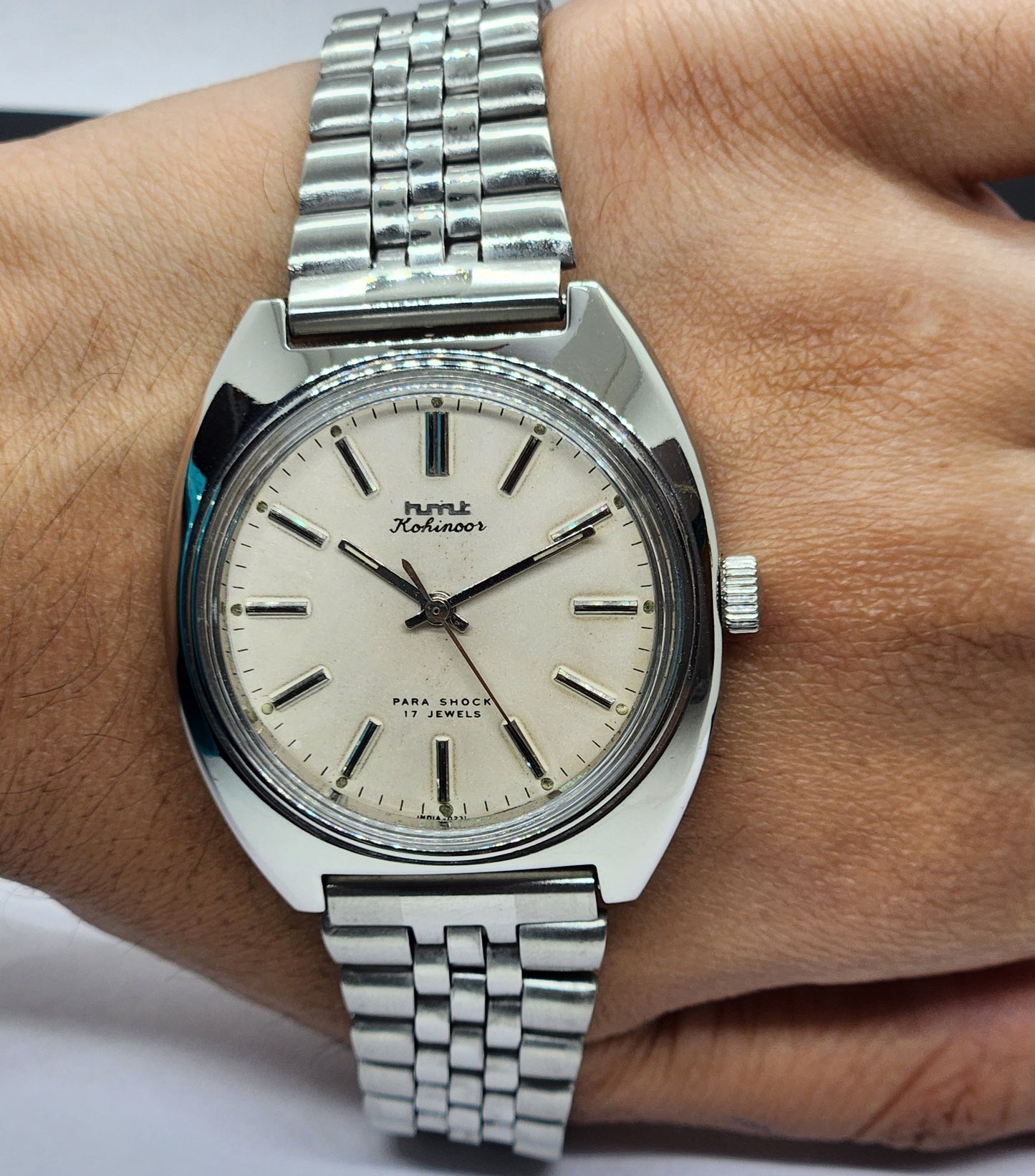 Vintage Original HMT Kohinoor Hand Winding 17 Jewels White Face Silver Bracelet Men's Wrist Watch F18