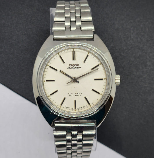 Vintage Original HMT Kohinoor Hand Winding 17 Jewels White Face Silver Bracelet Men's Wrist Watch F19
