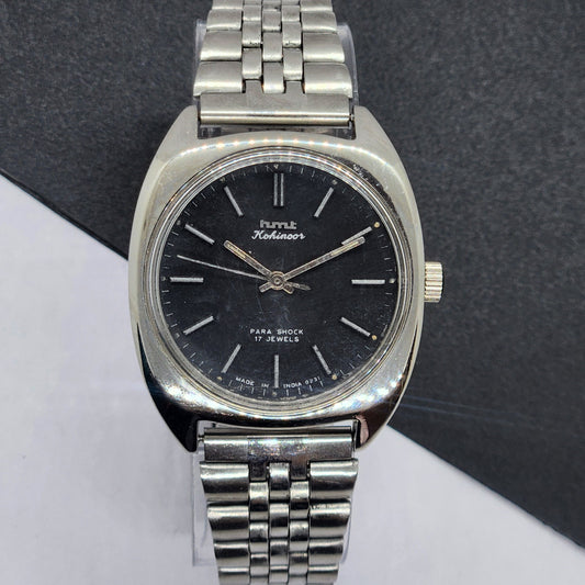 Vintage Original HMT Kohinoor Hand Winding 17 Jewels Black Face Silver Bracelet Men's Wrist Watch F20