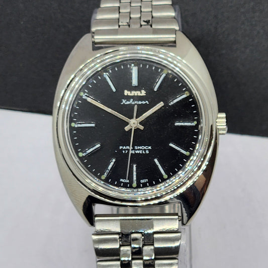 Vintage Original HMT Kohinoor Hand Winding 17 Jewels Black Face Silver Bracelet Men's Wrist Watch F21