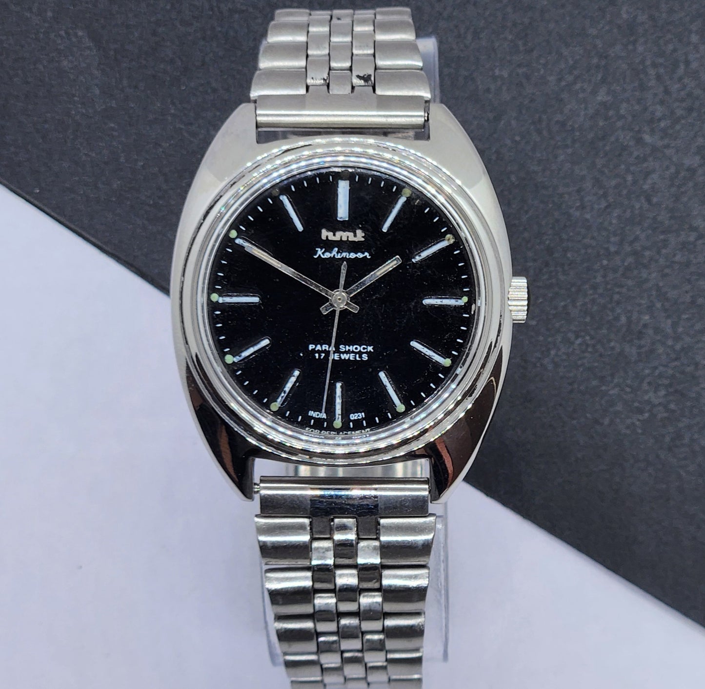 Vintage Original HMT Kohinoor Hand Winding 17 Jewels Black Face Silver Bracelet Men's Wrist Watch F21