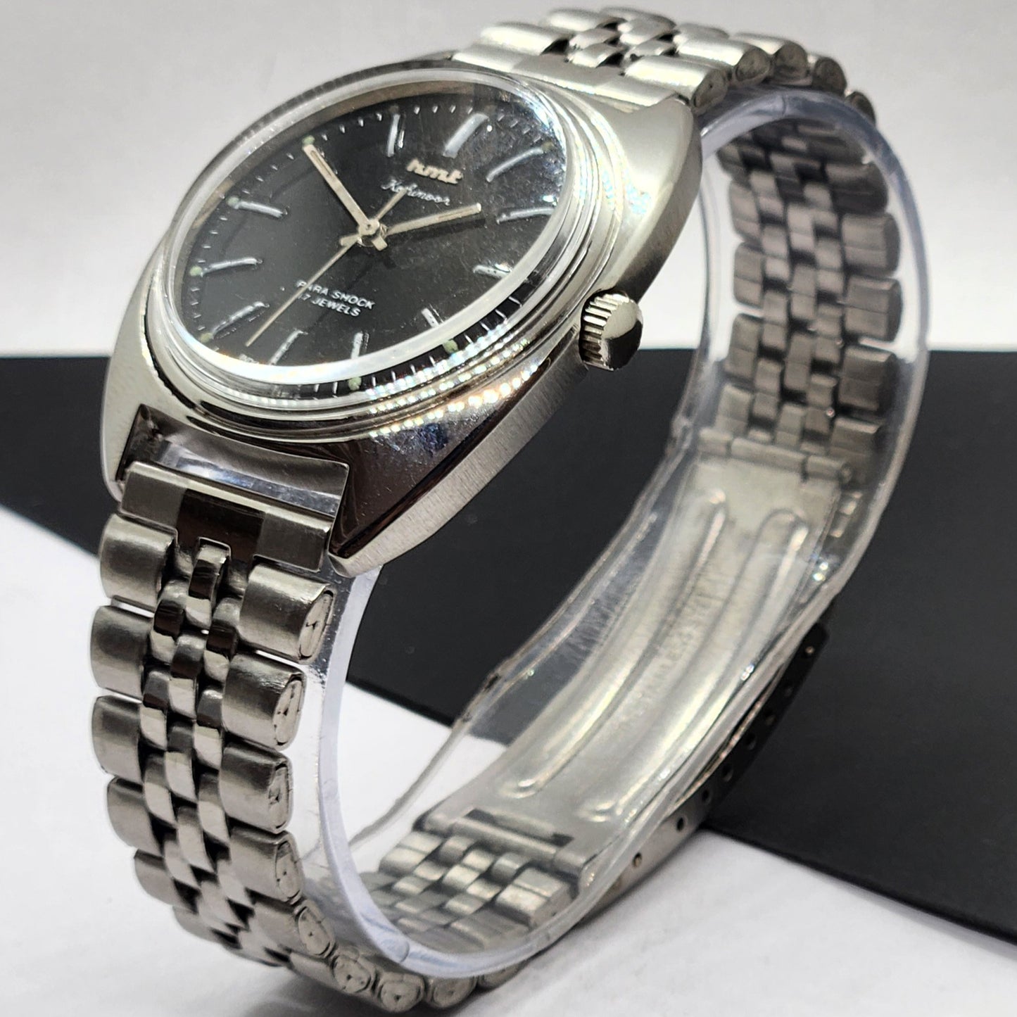 Vintage Original HMT Kohinoor Hand Winding 17 Jewels Black Face Silver Bracelet Men's Wrist Watch F21