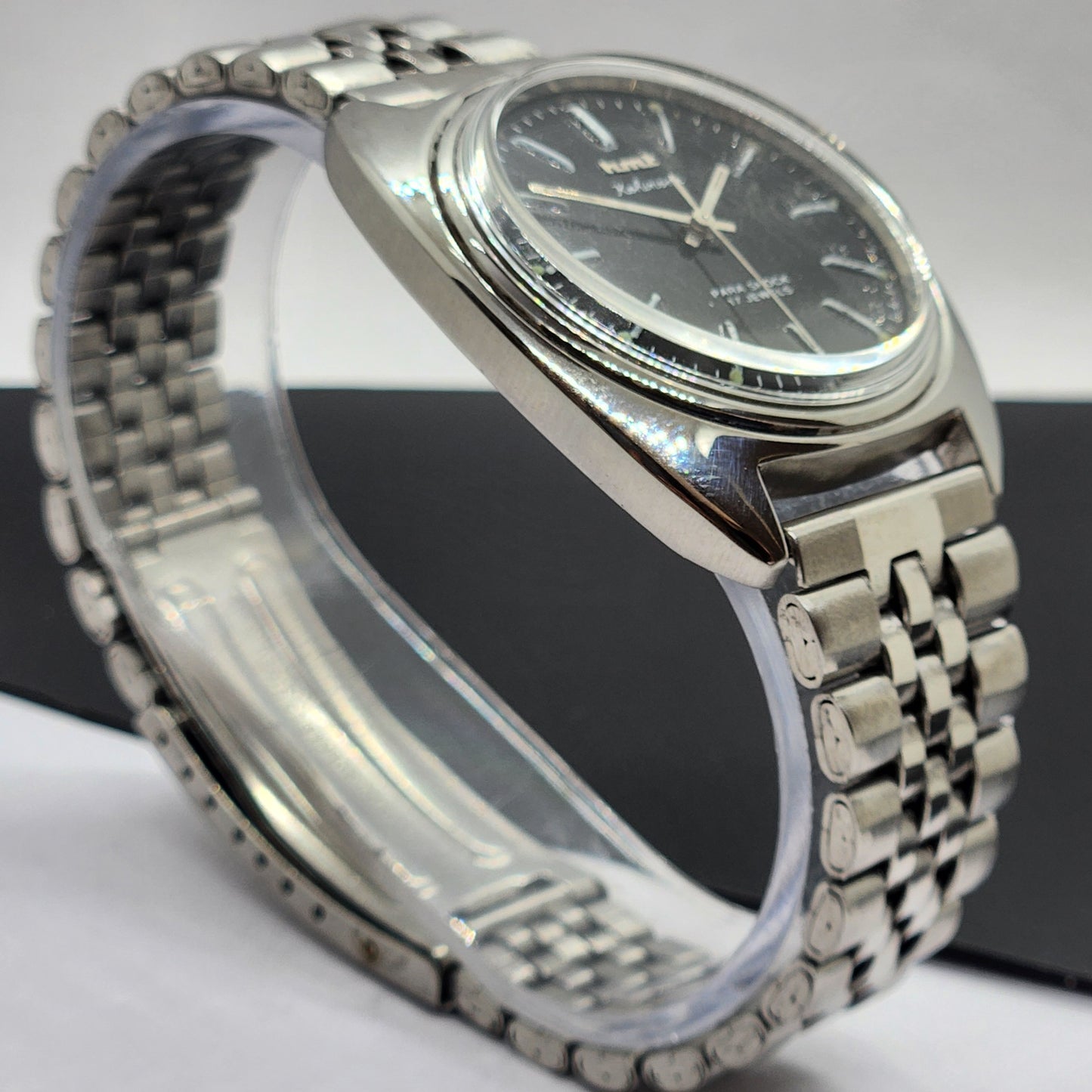 Vintage Original HMT Kohinoor Hand Winding 17 Jewels Black Face Silver Bracelet Men's Wrist Watch F21