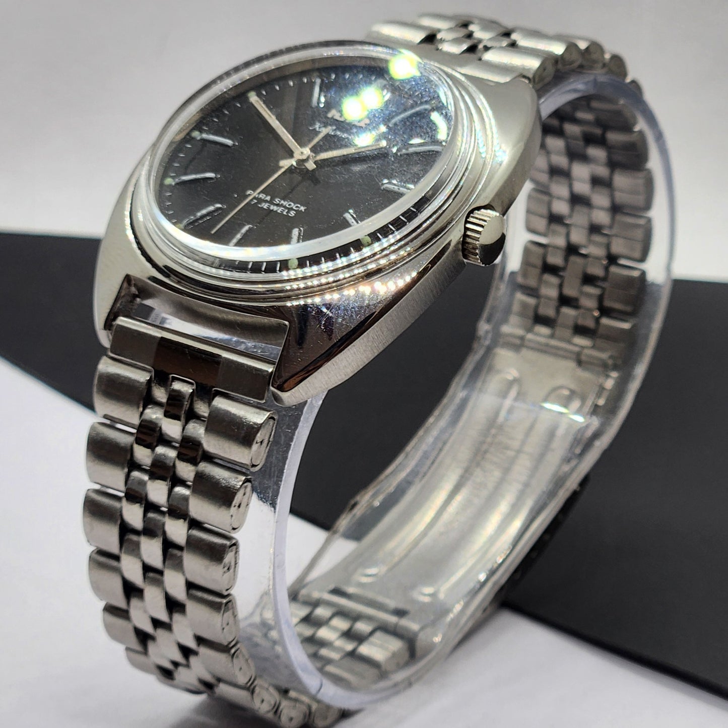 Vintage Original HMT Kohinoor Hand Winding 17 Jewels Black Face Silver Bracelet Men's Wrist Watch F21