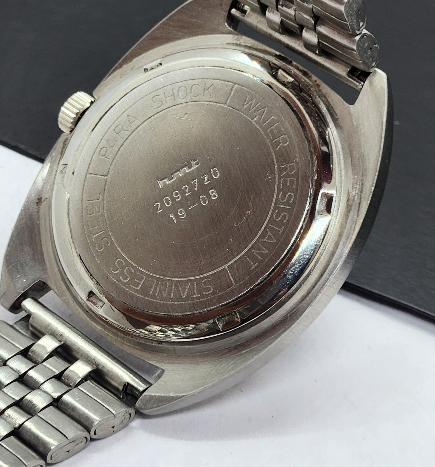 Vintage Original HMT Kohinoor Hand Winding 17 Jewels Black Face Silver Bracelet Men's Wrist Watch F21
