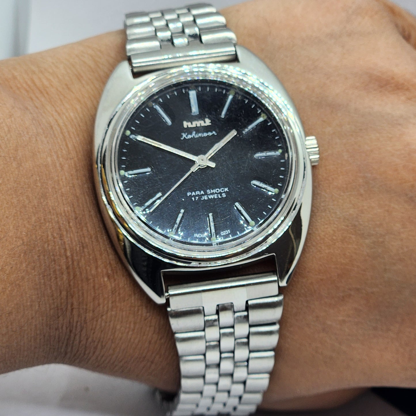 Vintage Original HMT Kohinoor Hand Winding 17 Jewels Black Face Silver Bracelet Men's Wrist Watch F21