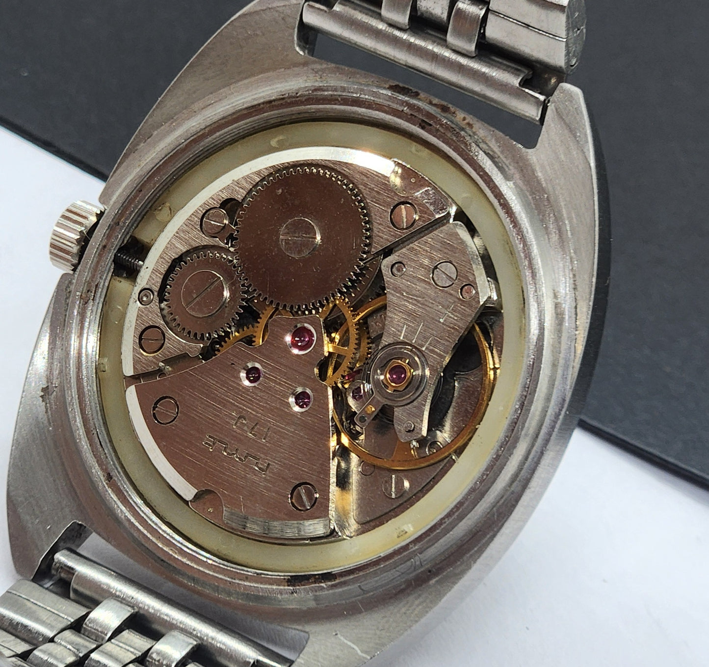 Vintage Original HMT Kohinoor Hand Winding 17 Jewels Black Face Silver Bracelet Men's Wrist Watch F21