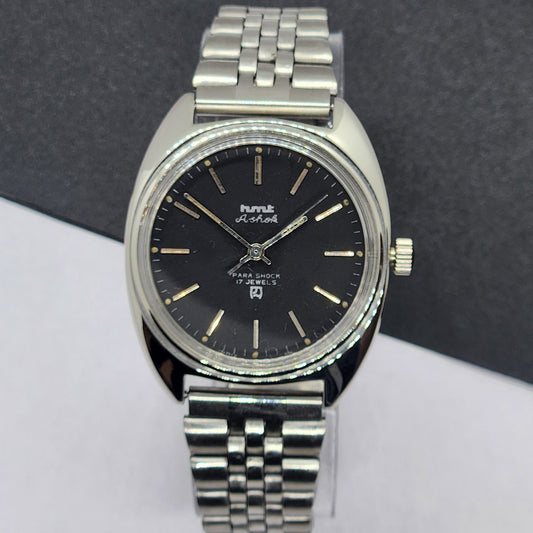 Vintage Original HMT Ashok Hand Winding 17 Jewels Black Face Silver Bracelet Men's Wrist Watch F22