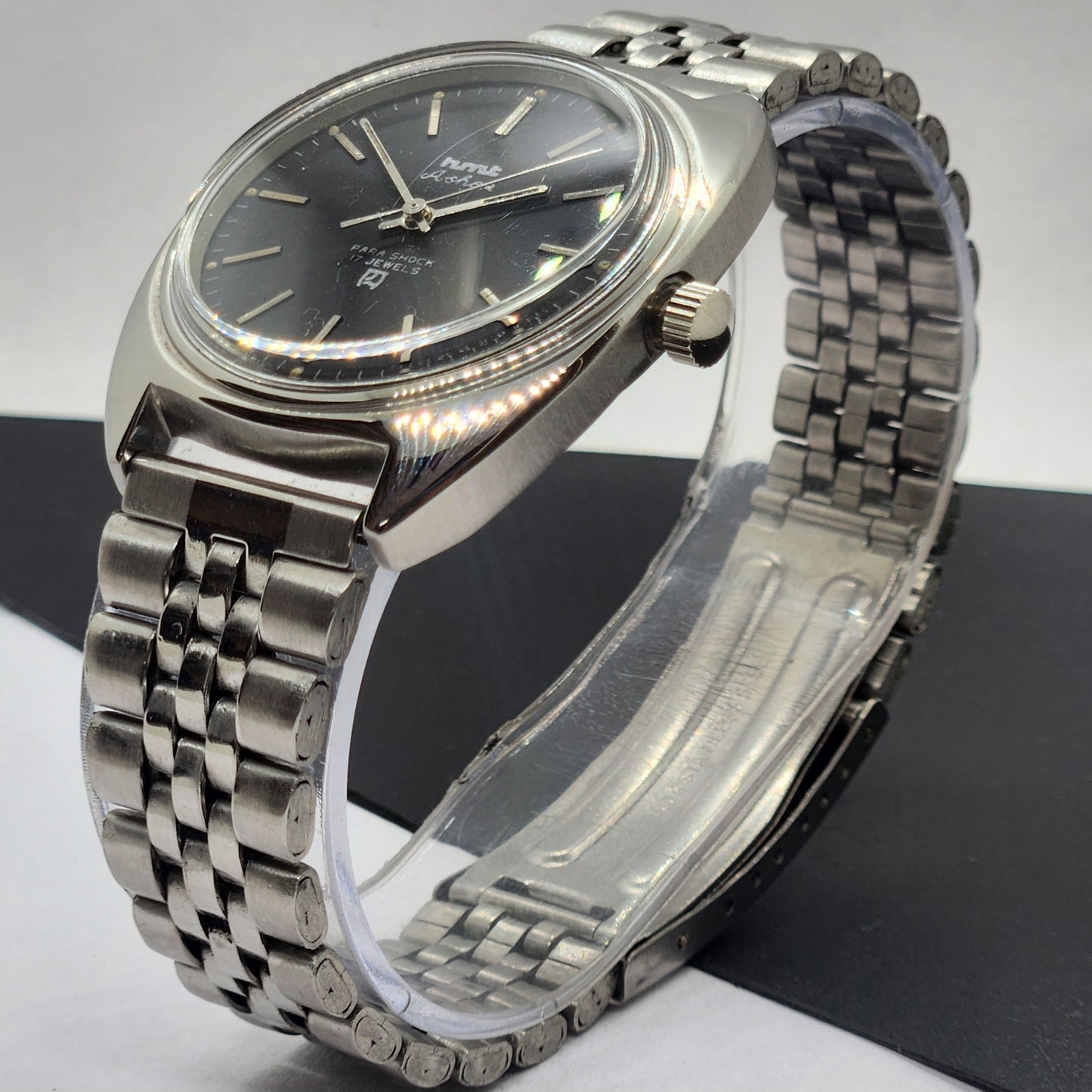 Vintage Original HMT Ashok Hand Winding 17 Jewels Black Face Silver Bracelet Men's Wrist Watch F22