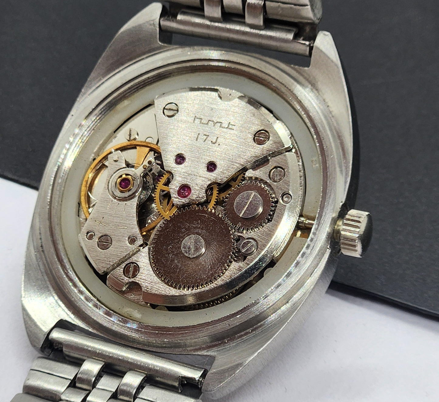 Vintage Original HMT Ashok Hand Winding 17 Jewels Black Face Silver Bracelet Men's Wrist Watch F22