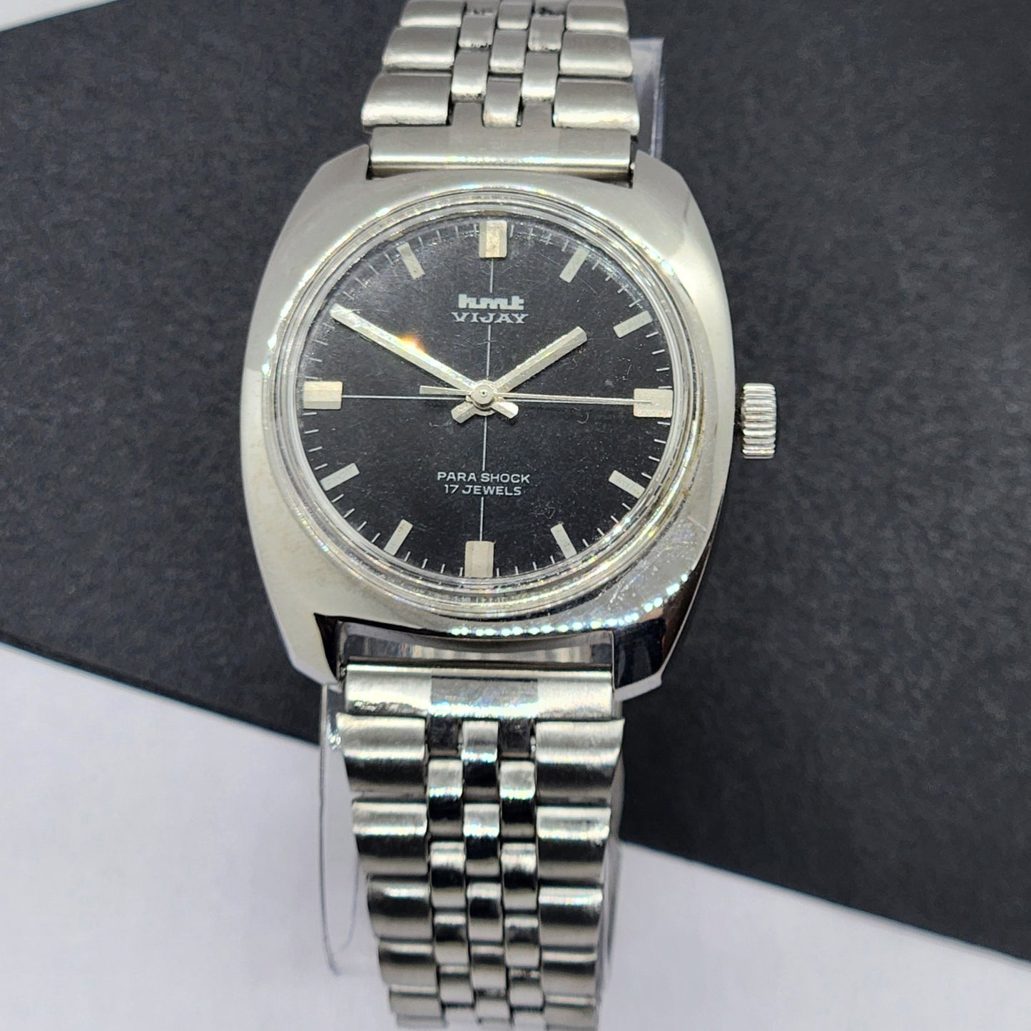 Vintage Original HMT Vijay Hand Winding 17 Jewels Black Face Silver Bracelet Men's Wrist Watch F23