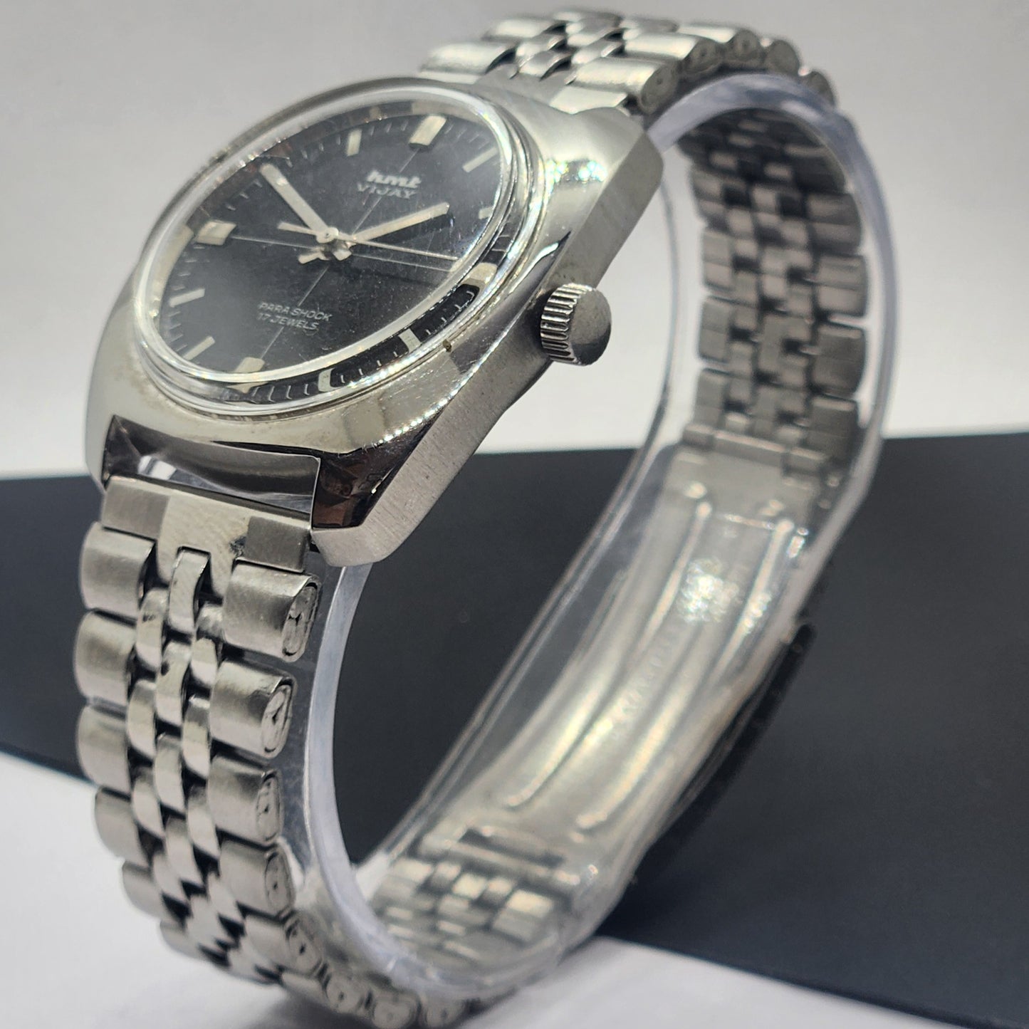 Vintage Original HMT Vijay Hand Winding 17 Jewels Black Face Silver Bracelet Men's Wrist Watch F23