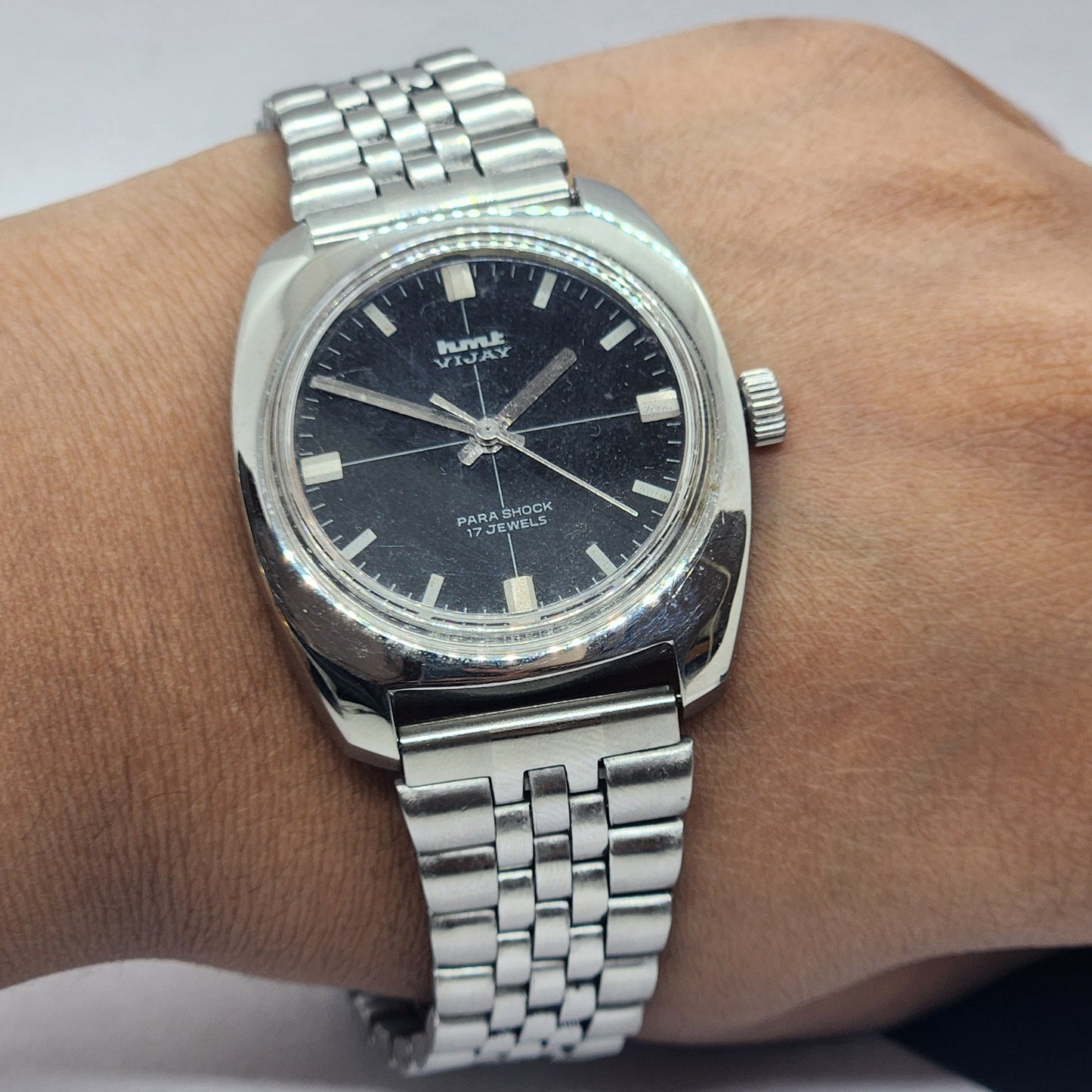 Vintage Original HMT Vijay Hand Winding 17 Jewels Black Face Silver Bracelet Men's Wrist Watch F23