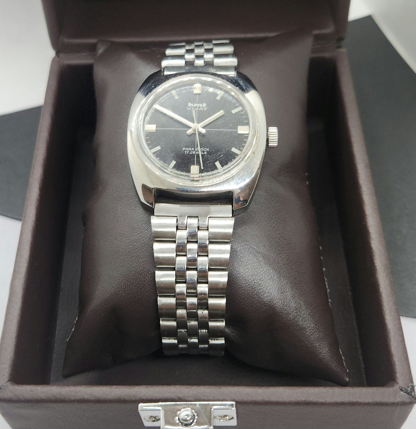 Vintage Original HMT Vijay Hand Winding 17 Jewels Black Face Silver Bracelet Men's Wrist Watch F23