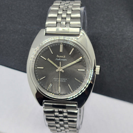 Vintage Original HMT Kohinoor Hand Winding 17 Jewels Gray Face Silver Bracelet Men's Wrist Watch F24