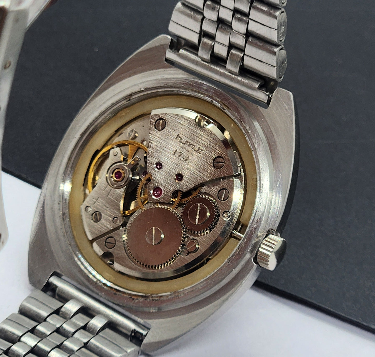 Vintage Original HMT Kohinoor Hand Winding 17 Jewels Gray Face Silver Bracelet Men's Wrist Watch F24