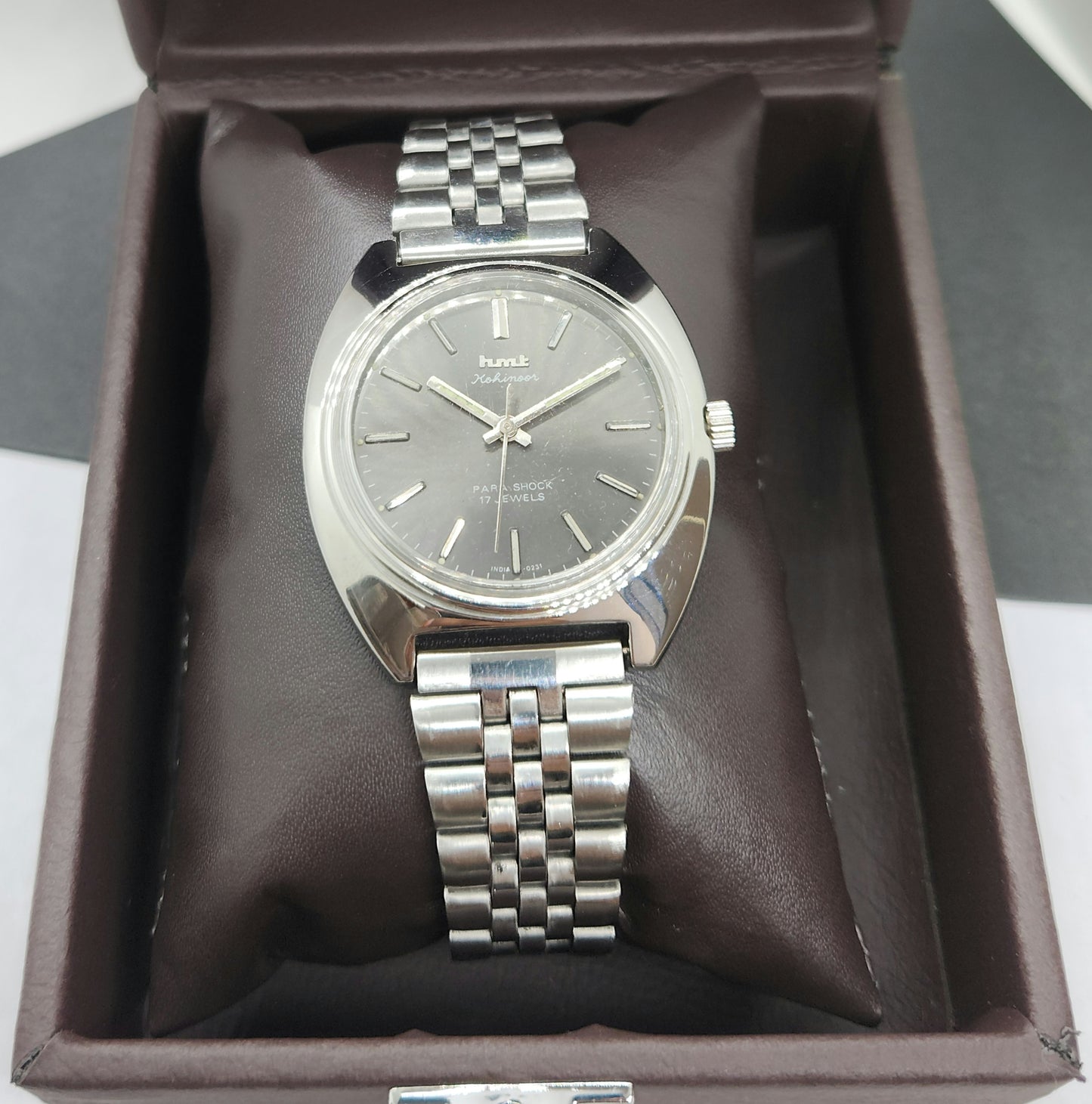 Vintage Original HMT Kohinoor Hand Winding 17 Jewels Gray Face Silver Bracelet Men's Wrist Watch F24