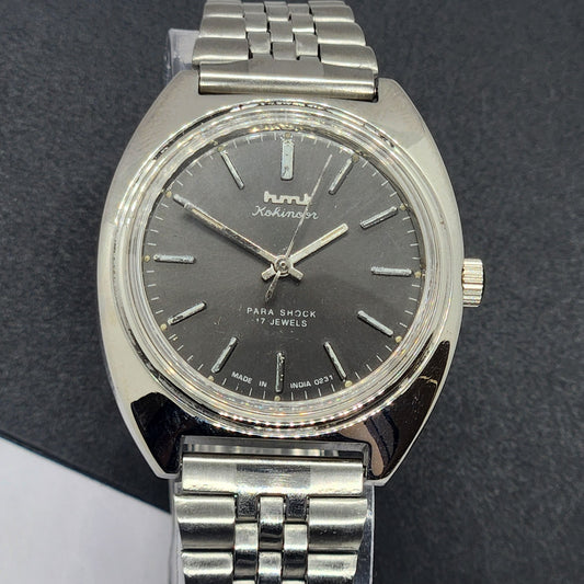 Vintage Original HMT Kohinoor Hand Winding 17 Jewels Gray Face Silver Bracelet Men's Wrist Watch F25