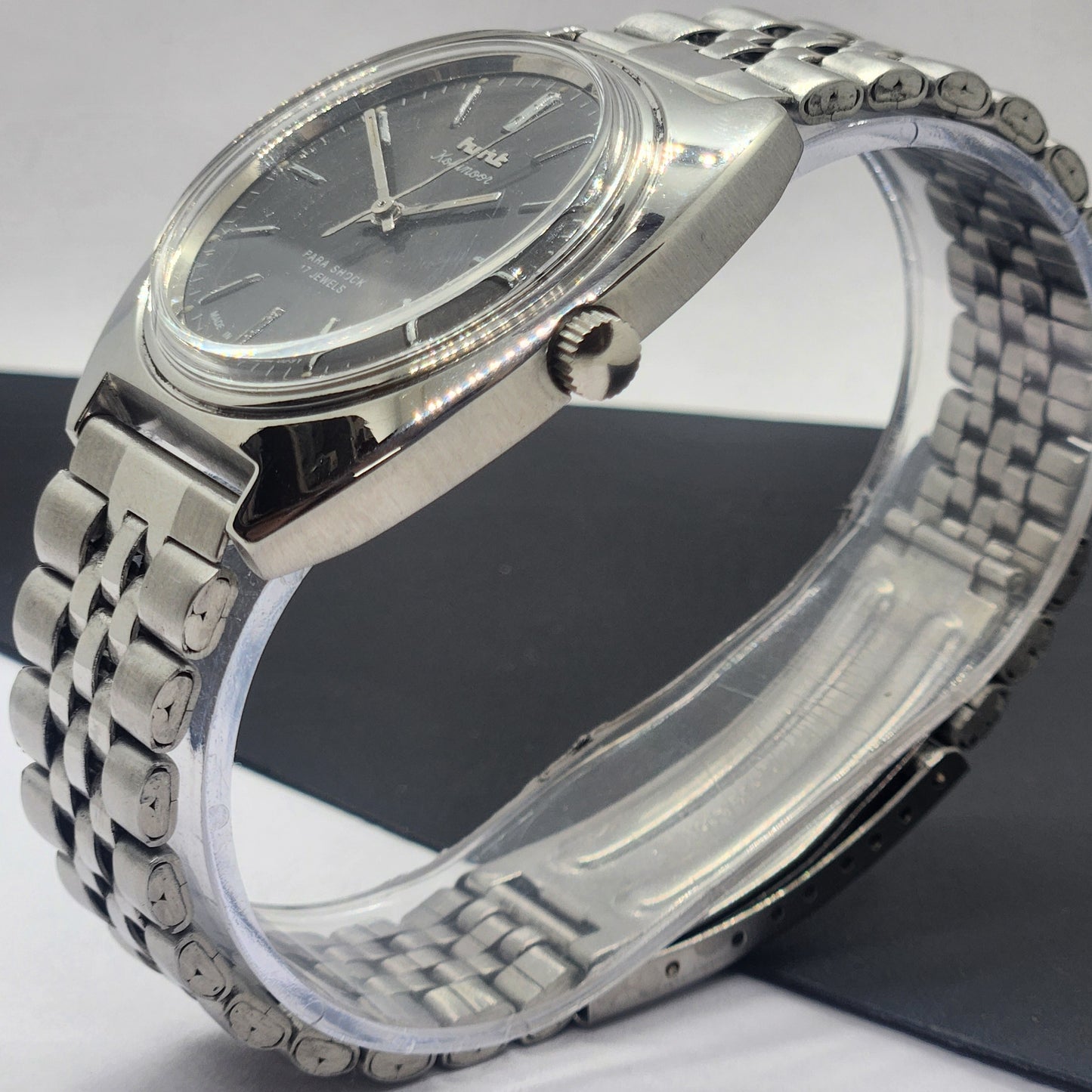 Vintage Original HMT Kohinoor Hand Winding 17 Jewels Gray Face Silver Bracelet Men's Wrist Watch F25