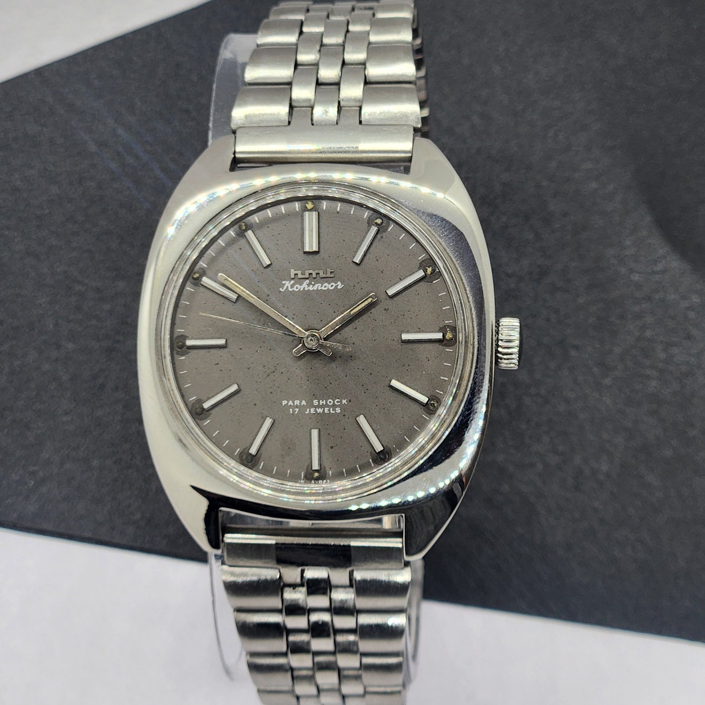 Vintage Original HMT Kohinoor Hand Winding 17 Jewels Gray Face Silver Bracelet Men's Wrist Watch F26