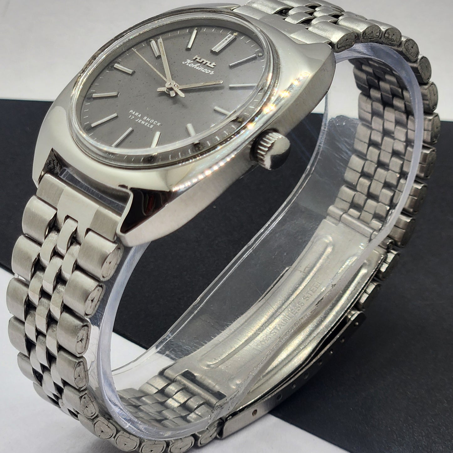 Vintage Original HMT Kohinoor Hand Winding 17 Jewels Gray Face Silver Bracelet Men's Wrist Watch F26