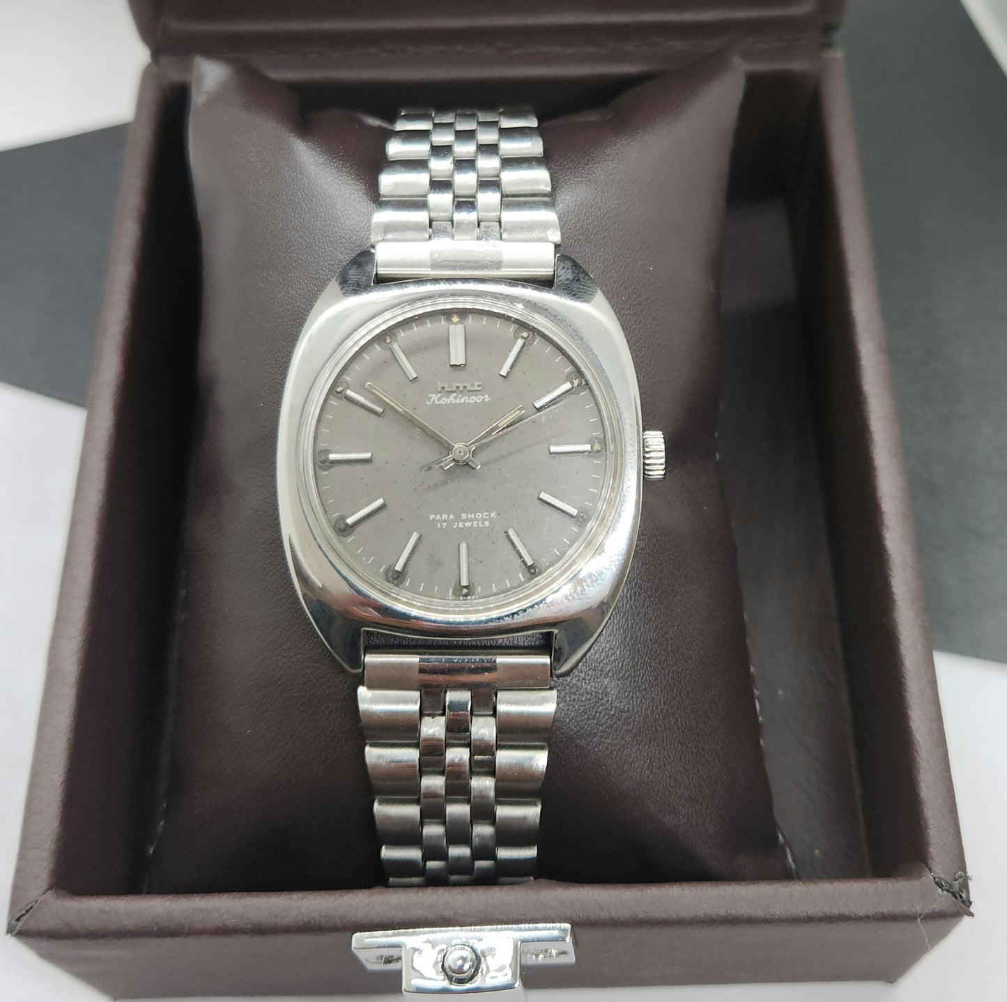 Vintage Original HMT Kohinoor Hand Winding 17 Jewels Gray Face Silver Bracelet Men's Wrist Watch F26