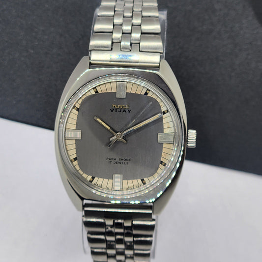 Vintage Original HMT Vijay Hand Winding 17 Jewels Gray Face Silver Bracelet Men's Wrist Watch F27