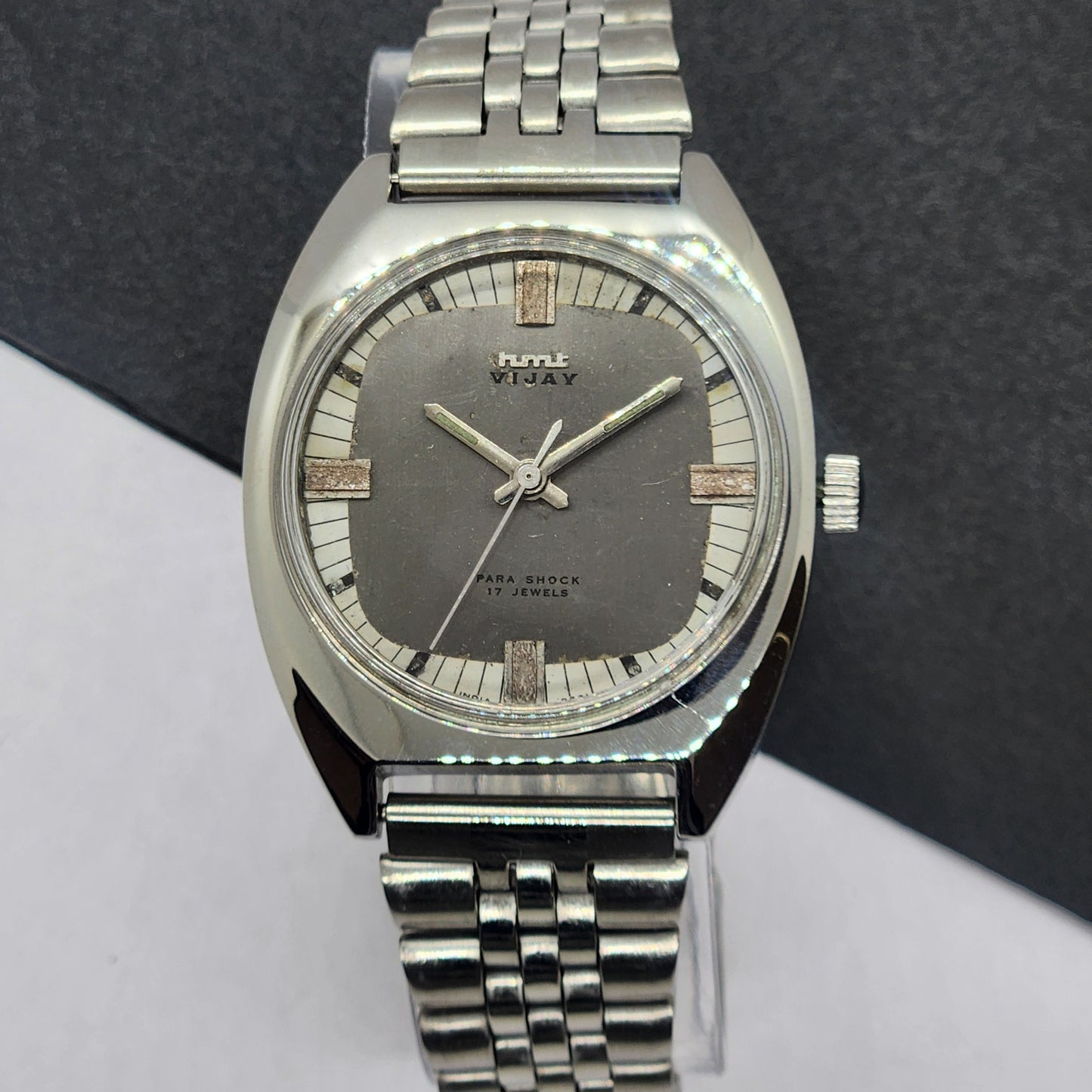 Vintage Original HMT Vijay Hand Winding 17 Jewels Gray Face Silver Bracelet Men's Wrist Watch F28