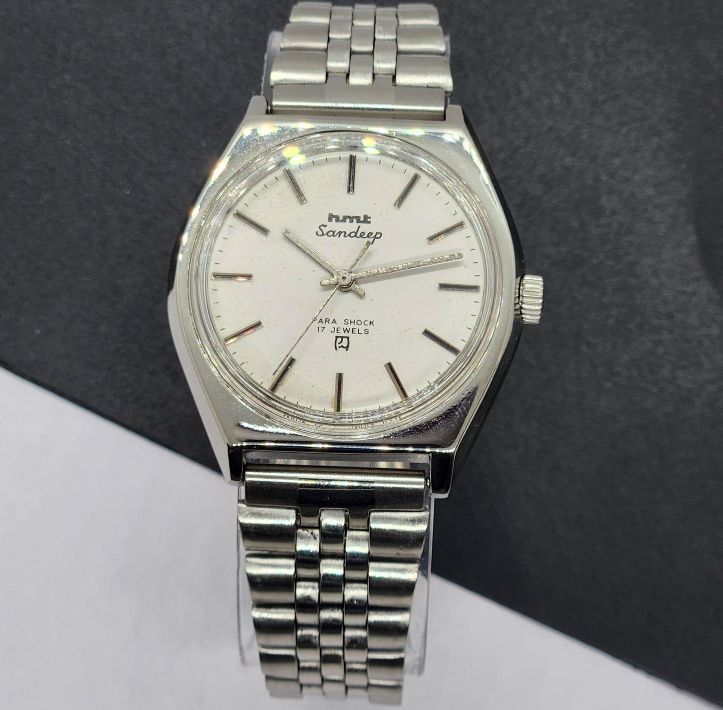 Vintage Original HMT Sandeep Hand Winding 17 Jewels White Face Silver Bracelet Men's Wrist Watch F29