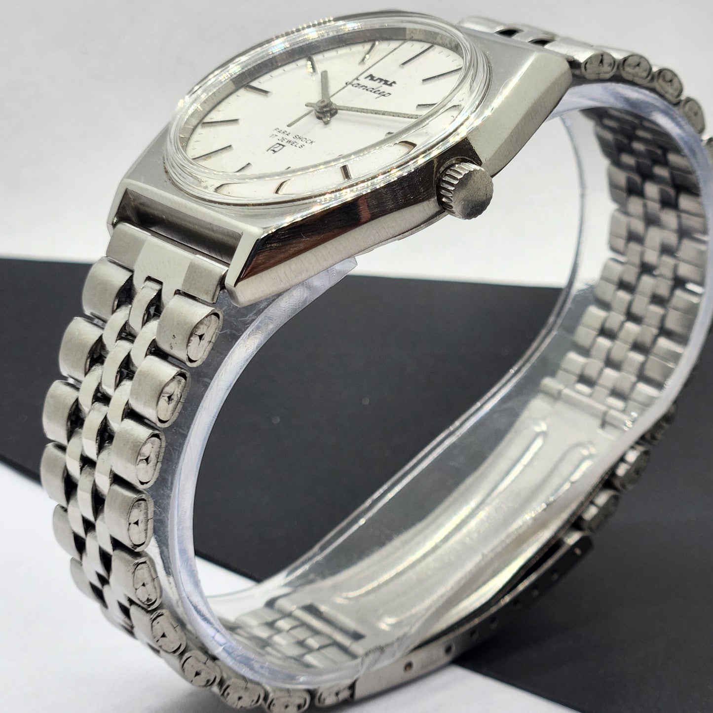 Vintage Original HMT Sandeep Hand Winding 17 Jewels White Face Silver Bracelet Men's Wrist Watch F29