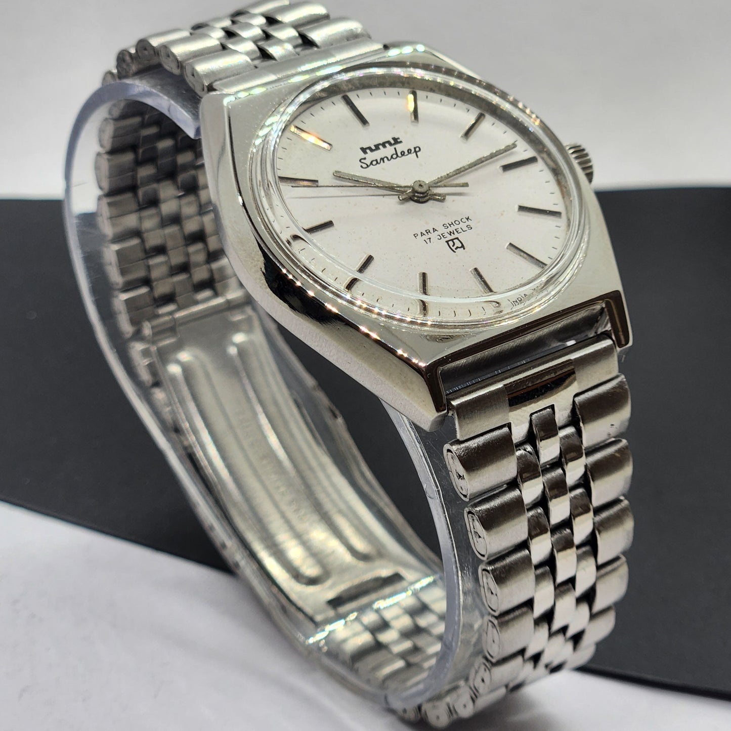 Vintage Original HMT Sandeep Hand Winding 17 Jewels White Face Silver Bracelet Men's Wrist Watch F29