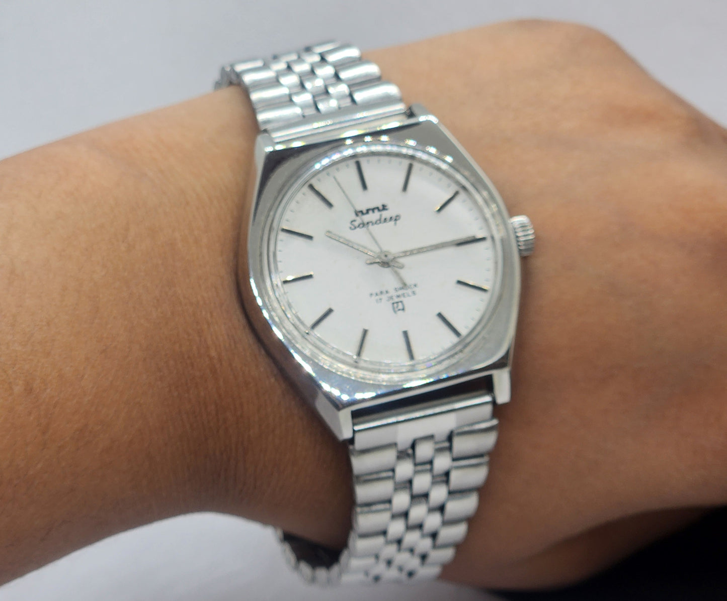 Vintage Original HMT Sandeep Hand Winding 17 Jewels White Face Silver Bracelet Men's Wrist Watch F29
