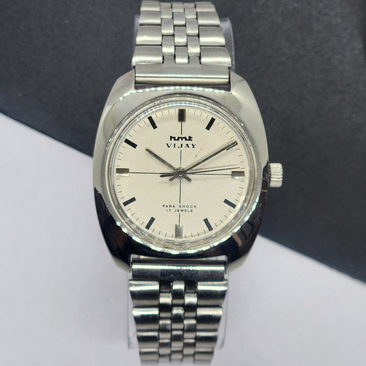 Vintage Original HMT Vijay Hand Winding 17 Jewels White Face Silver Bracelet Men's Wrist Watch F30