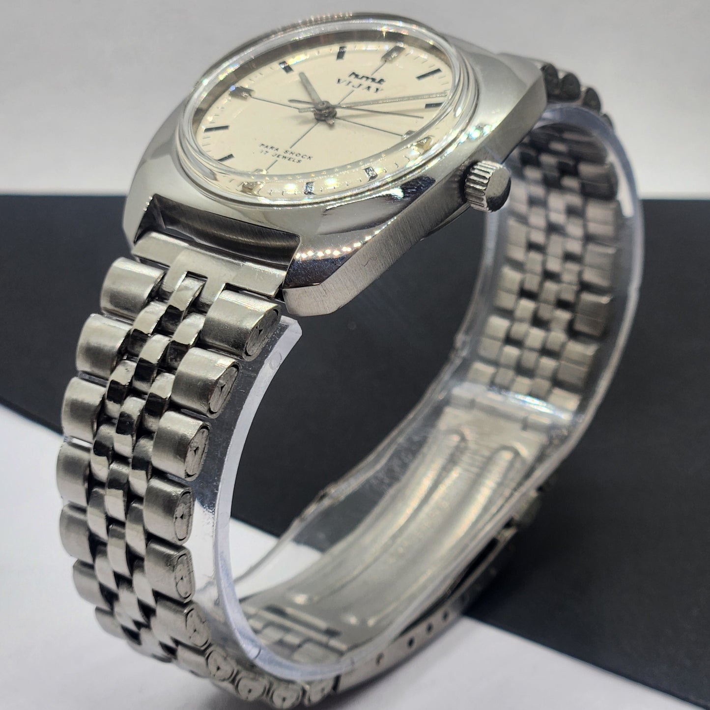 Vintage Original HMT Vijay Hand Winding 17 Jewels White Face Silver Bracelet Men's Wrist Watch F30