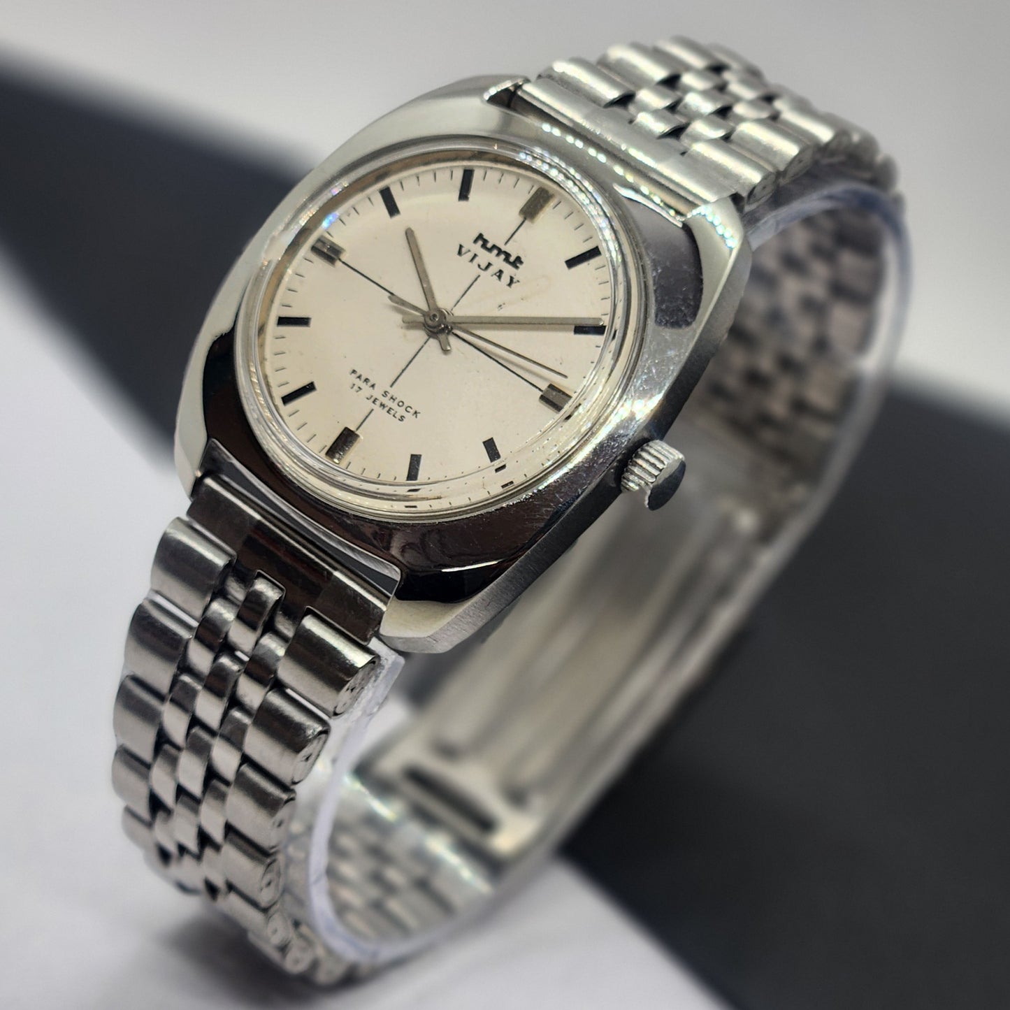 Vintage Original HMT Vijay Hand Winding 17 Jewels White Face Silver Bracelet Men's Wrist Watch F30
