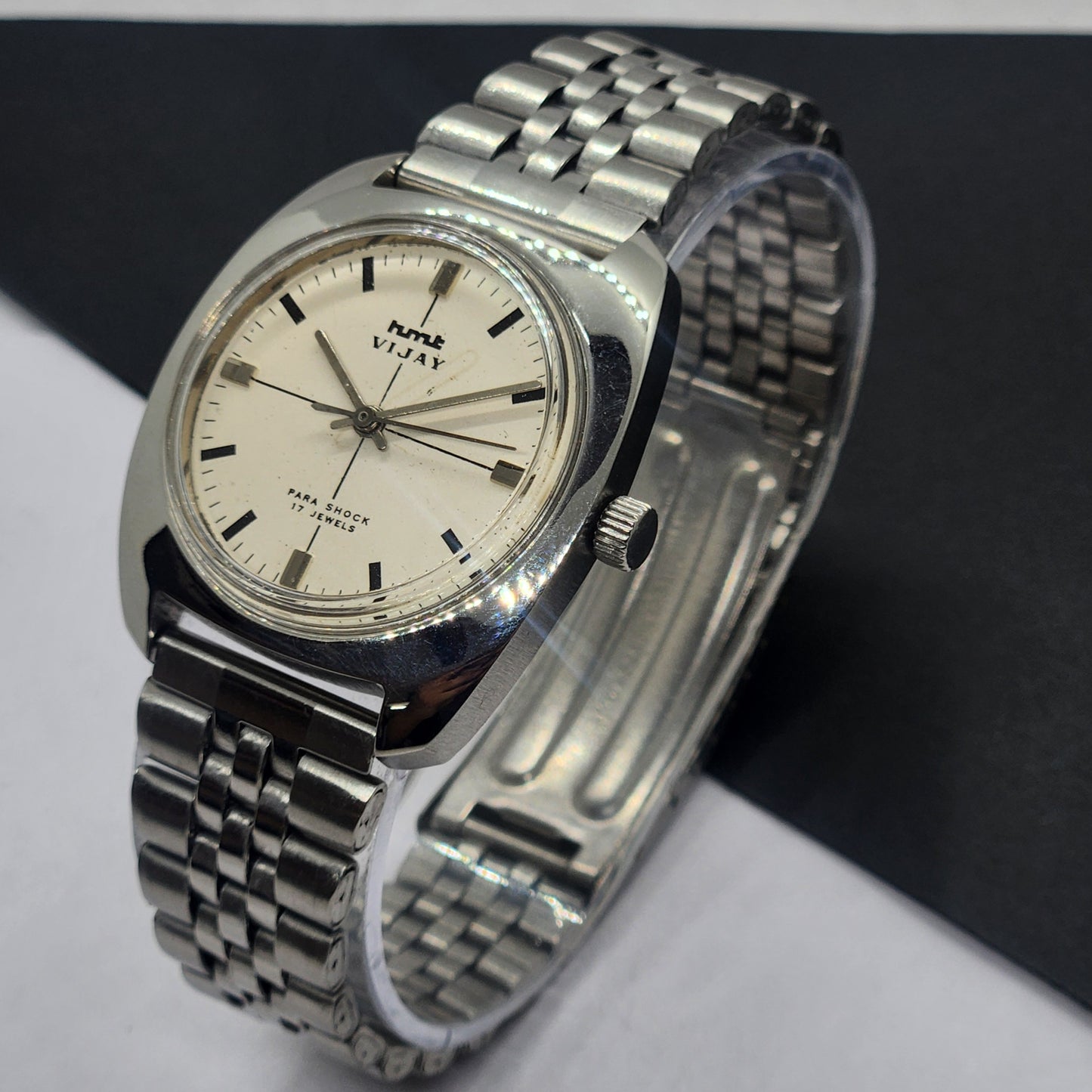 Vintage Original HMT Vijay Hand Winding 17 Jewels White Face Silver Bracelet Men's Wrist Watch F30
