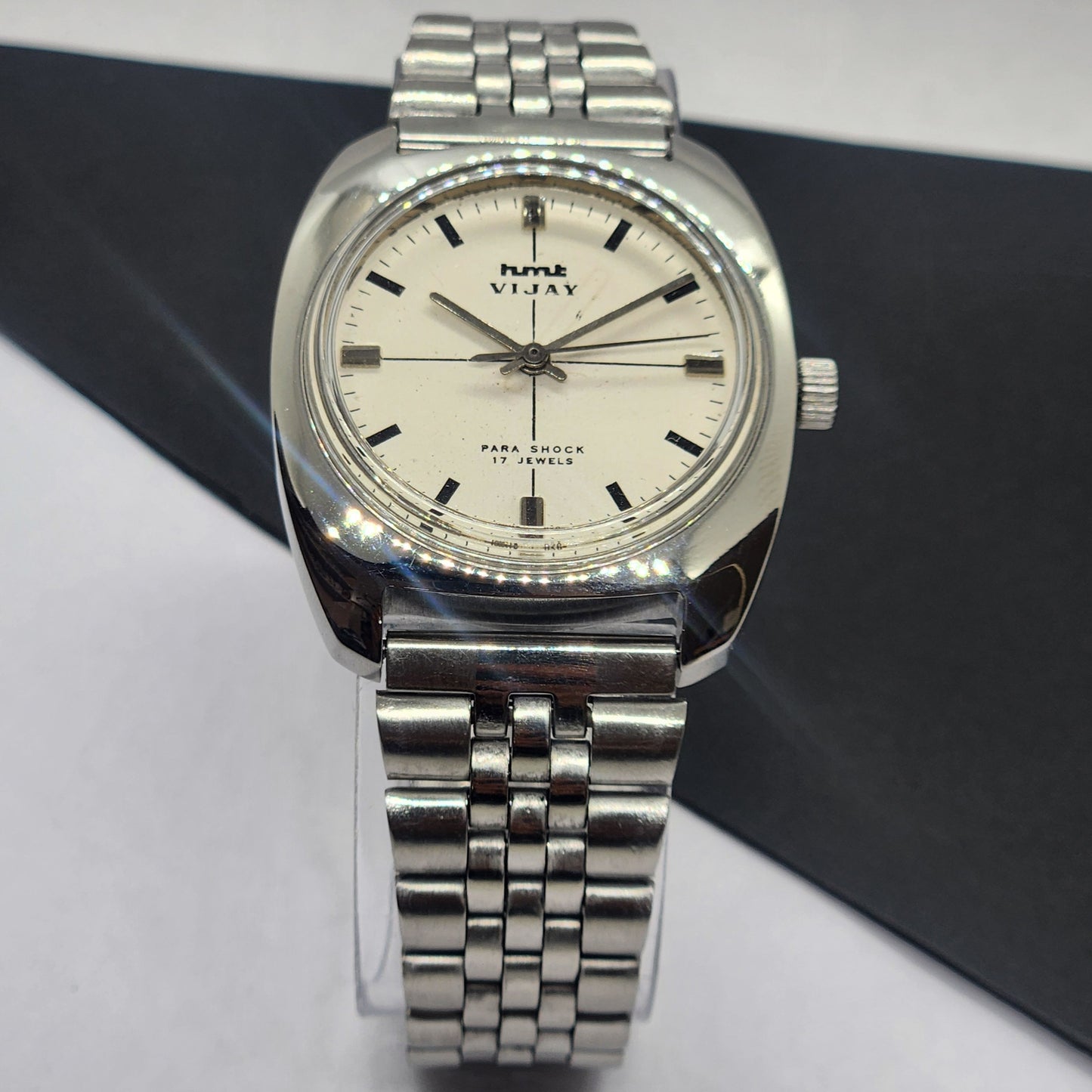Vintage Original HMT Vijay Hand Winding 17 Jewels White Face Silver Bracelet Men's Wrist Watch F30