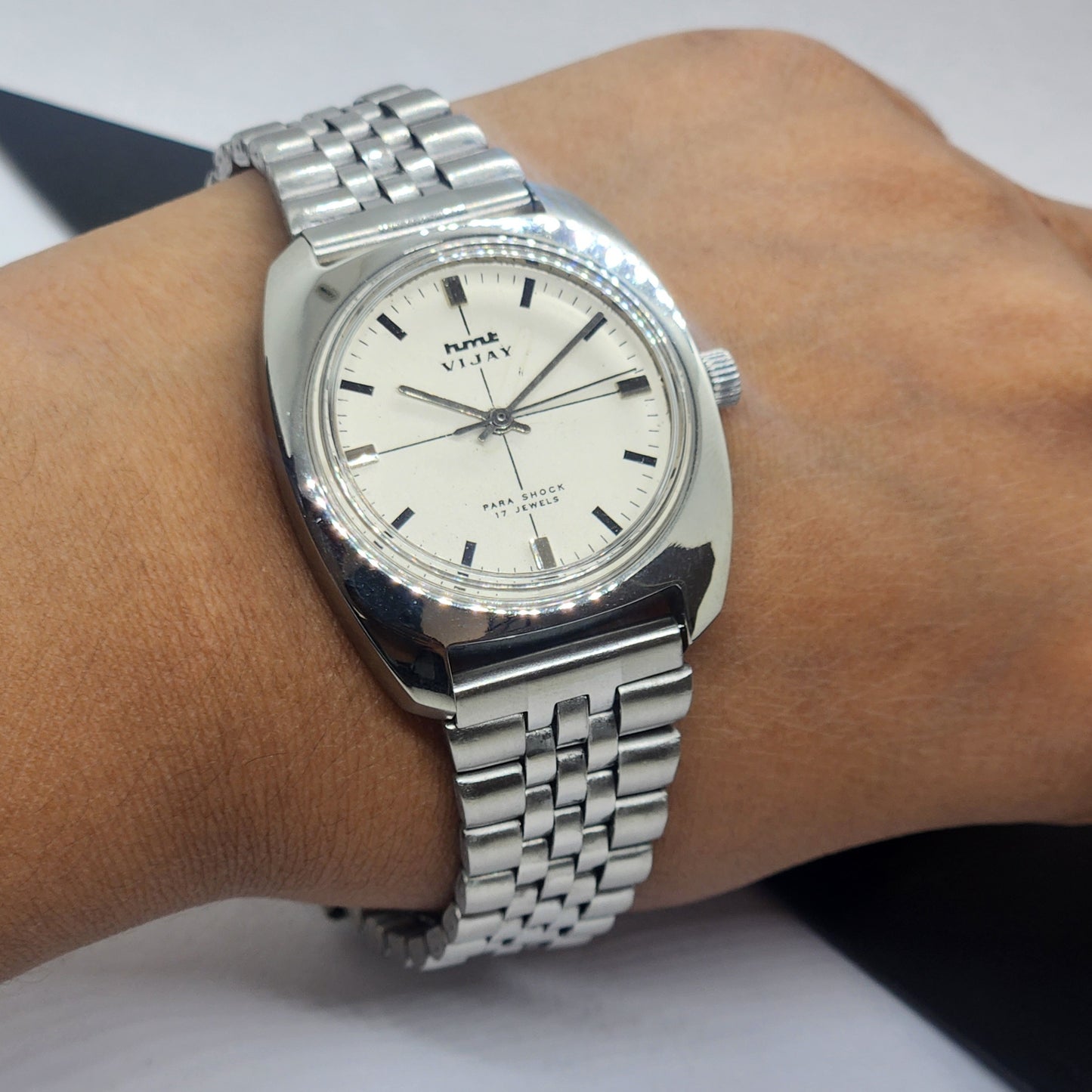 Vintage Original HMT Vijay Hand Winding 17 Jewels White Face Silver Bracelet Men's Wrist Watch F30