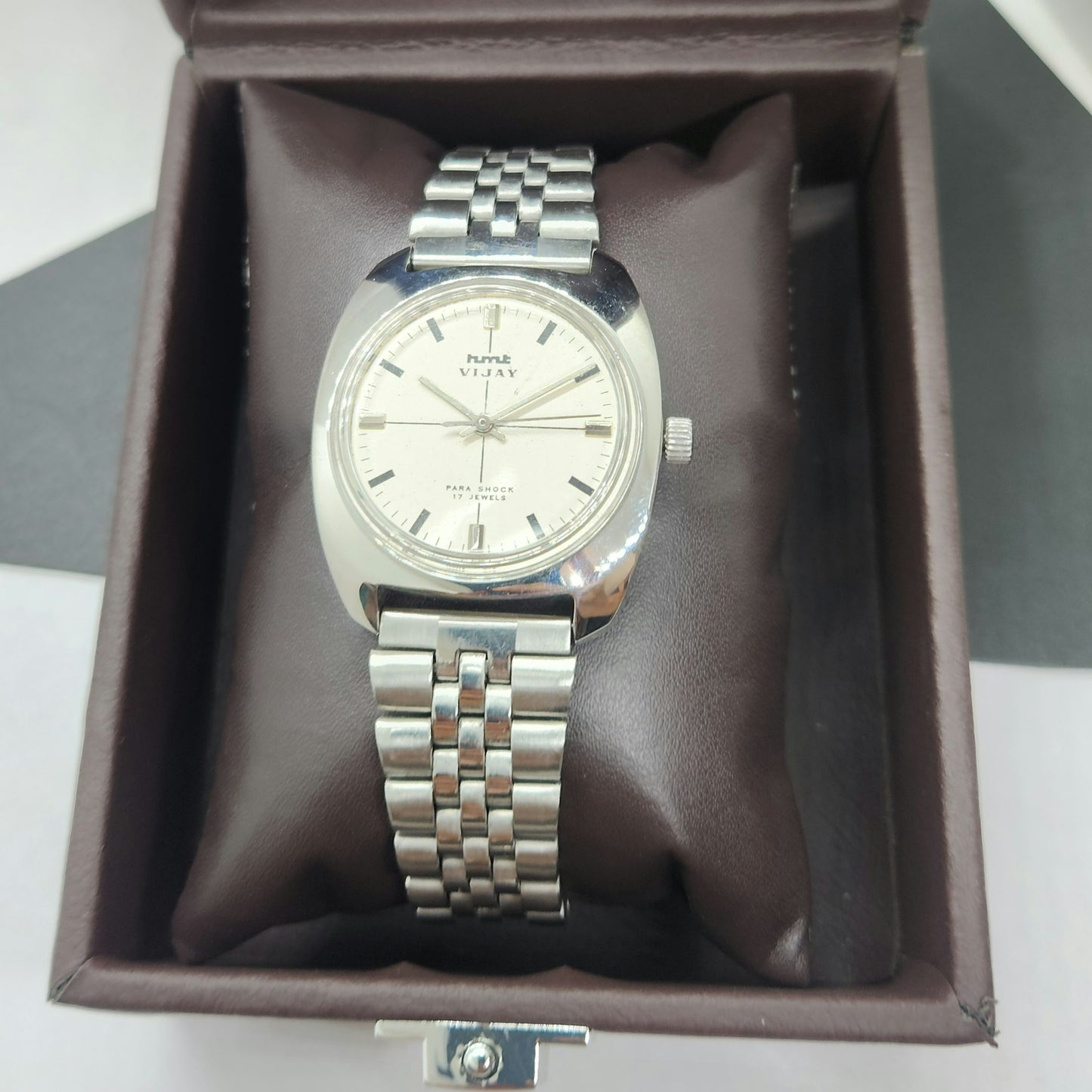 Vintage Original HMT Vijay Hand Winding 17 Jewels White Face Silver Bracelet Men's Wrist Watch F30