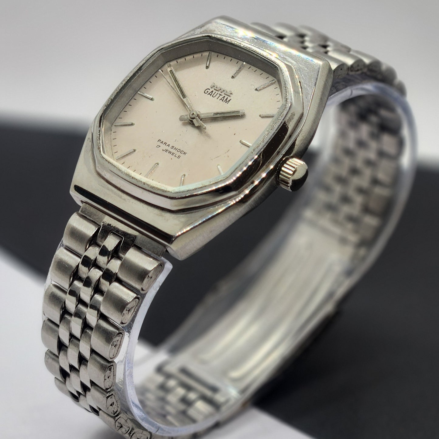 Vintage Original HMT Gautam Hand Winding 17 Jewels Silver Face Silver Bracelet Men's Wrist Watch F32