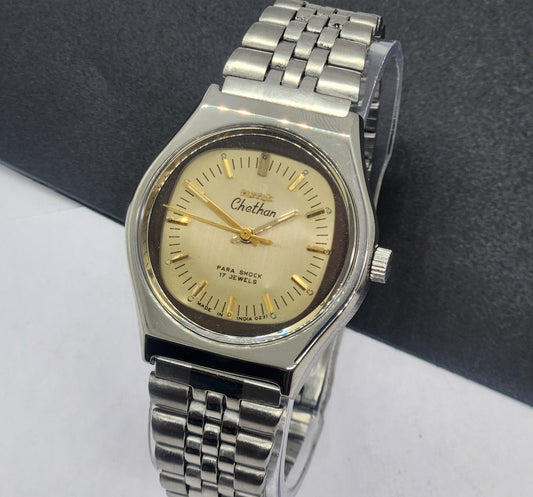 Vintage Original HMT Chethan Hand Winding 17 Jewels golden Face Silver Bracelet Men's Wrist Watch F34