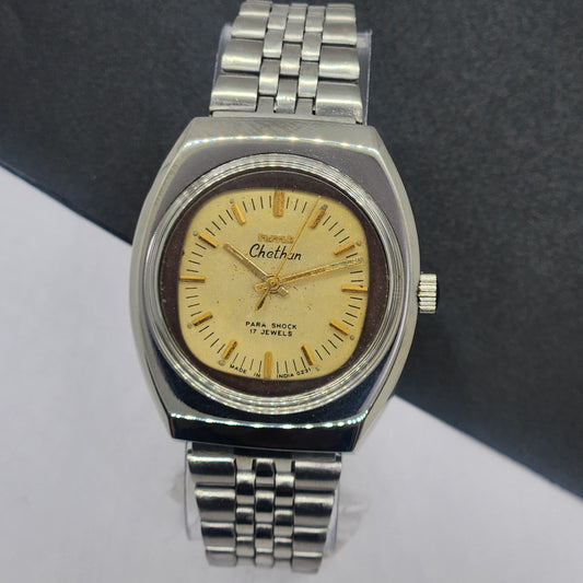 Vintage Original HMT Chethan Hand Winding 17 Jewels Golden Face Silver Bracelet Men's Wrist Watch F36