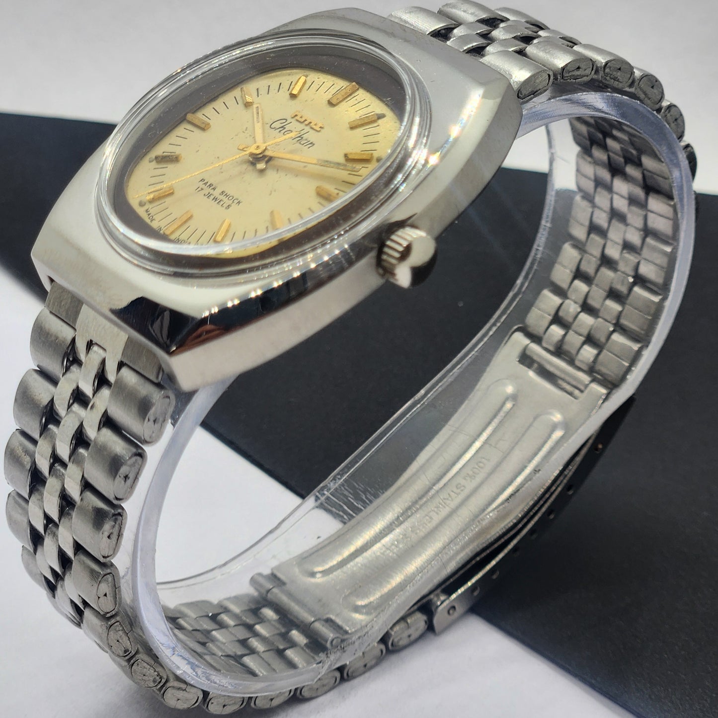 Vintage Original HMT Chethan Hand Winding 17 Jewels Golden Face Silver Bracelet Men's Wrist Watch F36