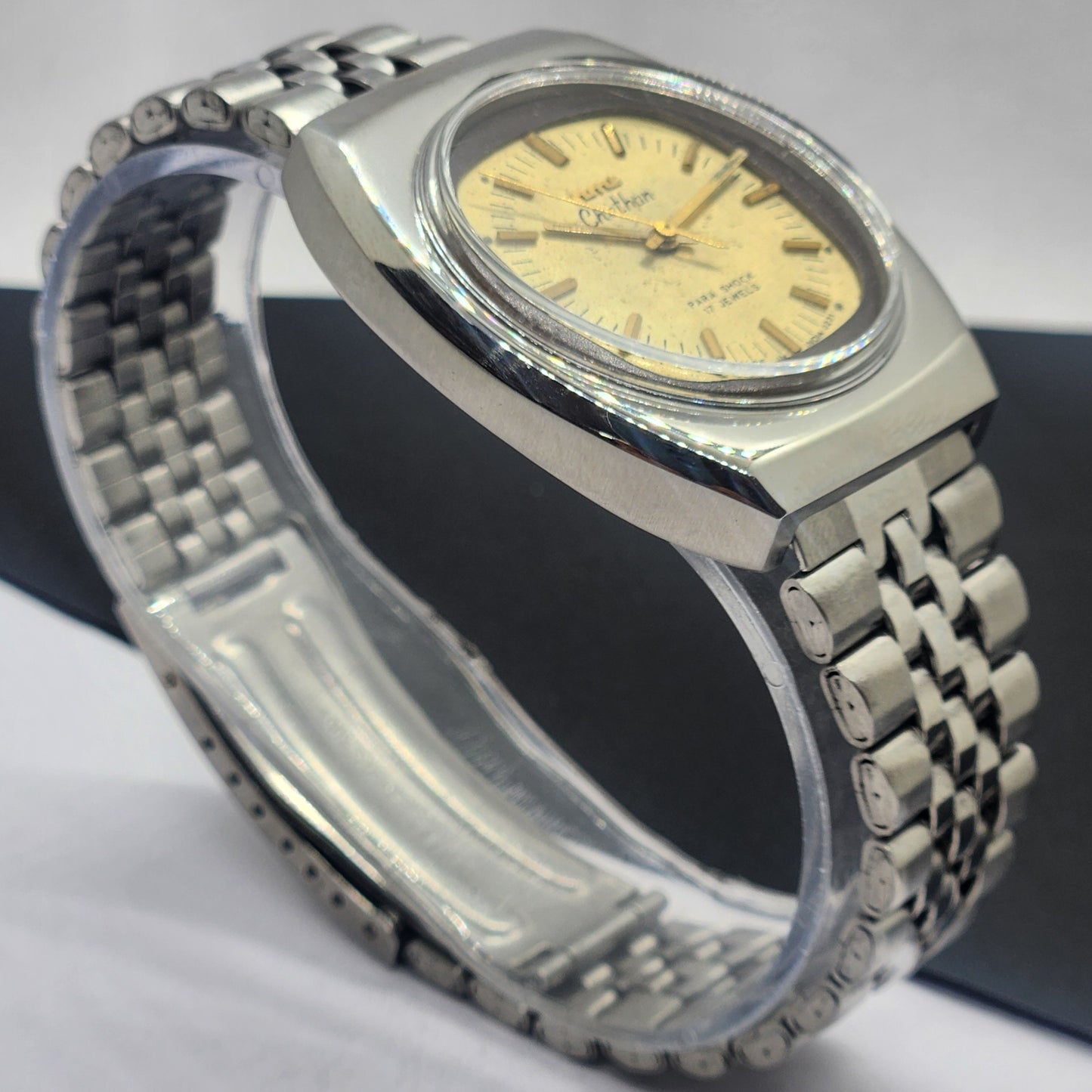 Vintage Original HMT Chethan Hand Winding 17 Jewels Golden Face Silver Bracelet Men's Wrist Watch F36
