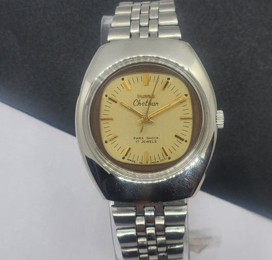 Vintage Original HMT Chethan Hand Winding 17 Jewels Golden Face Silver Bracelet Men's Wrist Watch F37